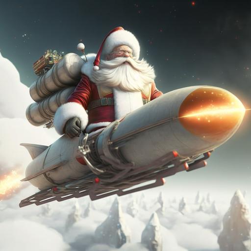 futuristic sled of Santa Claus , flying in the sky, with military man white beard, wearing military clothes, missiles from both sides, with black packets instead of presents,8k, ultra realistic, --v 4