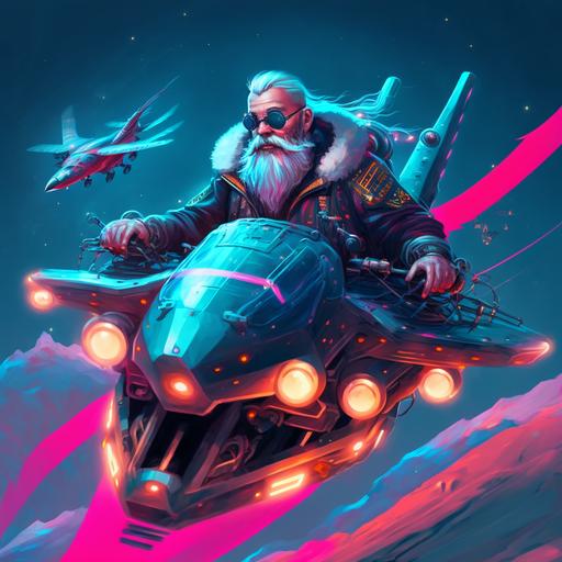 futuristic sled of Santa Claus , flying in the sky, with military man white beard, wearing military clothes, missiles from both sides, with black packets instead of presents, in the stile of gyaru hoodrat character, neon noir cyberpunk aesthetic, urban setting, 8k, ultra realistic, --v 4