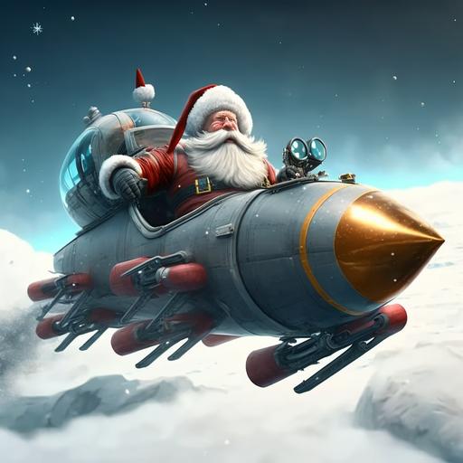 futuristic sled of Santa Claus , flying in the sky, with military man white beard, wearing military clothes, missiles from both sides, with black packets instead of presents,8k, ultra realistic, --v 4