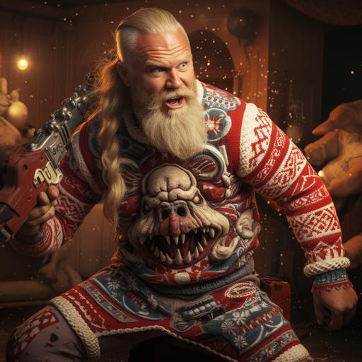 Tube Top Ugly sweater worn by a viking warrior charging into battle with a giant candy cane axe --s 250