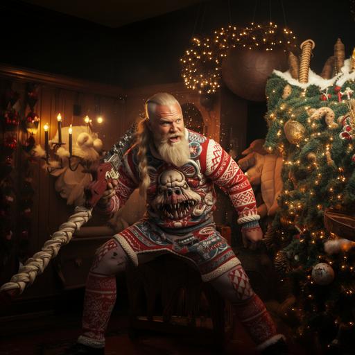 Tube Top Ugly sweater worn by a viking warrior charging into battle with a giant candy cane axe --s 250