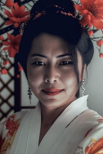 japanese geisha in a pagoda meiji era pink flowers orange filter red kimono ocidental eyes latin woman hd 4k --ar 2:3 --v 4