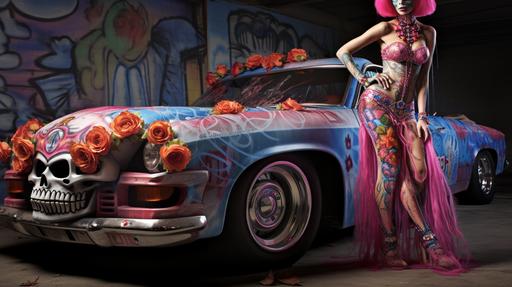 Tulippunk hardboiled muscular bodybuilder girl, adorned in rebellious tulip-themed attire, latrodectus calavera tattoos, Classical ruins and contemporary subculture. Tulippunk rebellion. Sitting on a lowrider muscle car from east LA has beautiful airbrushed tulip and skeleton on it. Smoking a joint. Stereo on the car. Modern art, in the style of GTA Vice City art. --ar 16:9