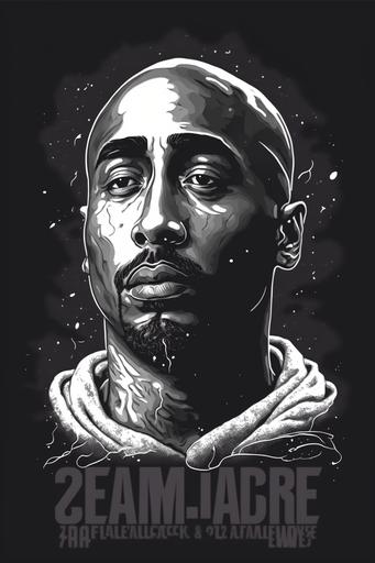 Tupac Shakur vector design streetwear design, Dribble, Artstation, Fiverr, Deviantart, Behance, Pinterest, Vector Illustration, Professional Graphics Design, Retro, Monotone, Linework, Vector Art, Branding, Seed.std Style, Hover Design Studio Style, Tacikworks Design Studio Style, Xatire Design Studio Style, Brokoliking Style, Old 78's Co Style, Warisover.co Style, Civilion Studio Style, Donfix Style, Folluther Studio Style, Gaurikala Style, Hous Style, Prizm.dsgn Style, campt_rules style, Dedonleon style vector full streetwear vector vector design, no cut, no cropped, Full image, full design, graphics design, adobe illustrator, DTF printing, vector design HD, High quality, ultra detailed, semi realistic, 8k, 12, Full coverage, full aspect, fill on aspect, fit on screen, unzoomed, not zoomed, black background, isolated black background --v 4 --ar 2:3