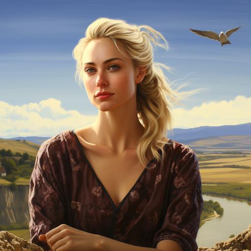 Turkey as a sterotypical very beautiful turkish blonde young woman, turkish landscape behind her, ultra realistic, lifelike