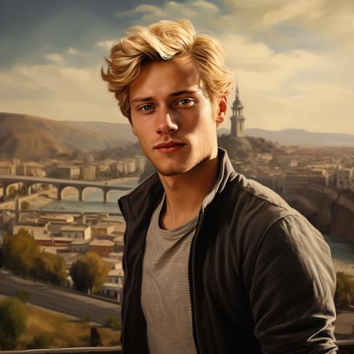 Turkey as a sterotypical very handsome turkish blonde young man, turkish landscape behind him, ultra realistic, lifelike