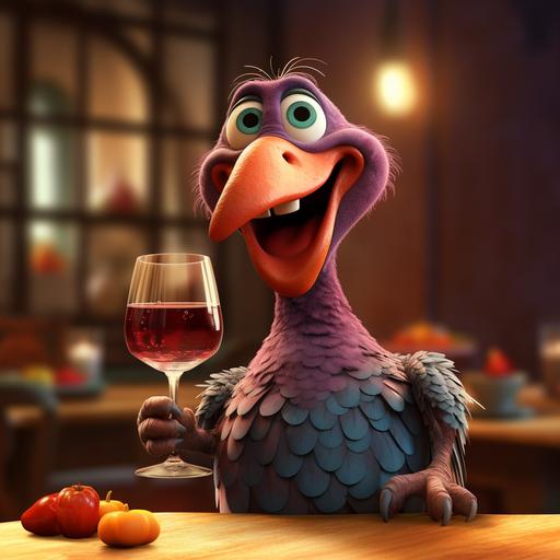 Turkey drinking a large glass of red wine, pixar style cartoon