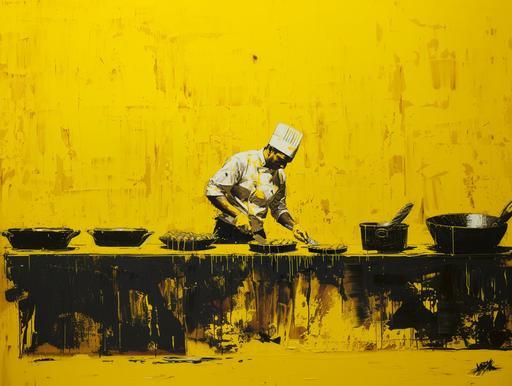 Turkish food, acrylic abstract painting, yellow tones, line, chef, kebab, minimalism art graphic art--ar 2:1 --ar 4:3 --v 6.0