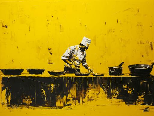 Turkish food, acrylic abstract painting, yellow tones, line, chef, kebab, minimalism art graphic art--ar 2:1 --ar 4:3 --v 6.0