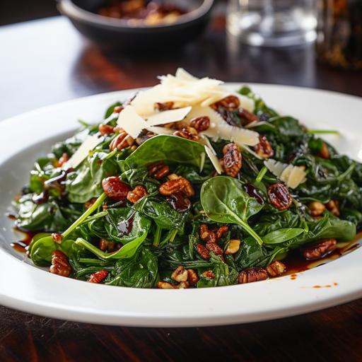 Tuscan Toss Fresh baby spinach, sun-dried tomatoes, toasted pine nuts, shaved Parmesan, with a balsamic reduction drizzle.