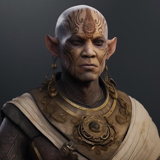 Twi’lek male from Star Wars transformed into a medieval South-East Asian arcane spellcasting wizard. His face, head, lekku and head-tails covered in golden arcane tattoos --v 5