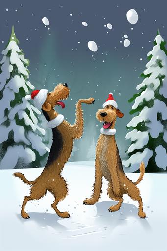 Two Airedales having a snowball fight, cartoon style, santa hats, christmas themed, fun, funny, four legs, long legs, happy, --ar 2:3 --v 5.0