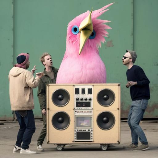 Two Pink bird guys with dumb human male faces dancing in front of huge Soundsystem :: --v 4