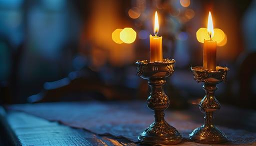 Two Shabbat candles that stand on candlesticks write Shabbat Shalom --v 6.0 --ar 7:4