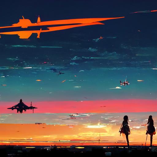 Two anime girls fly fighter jet with a sunset background