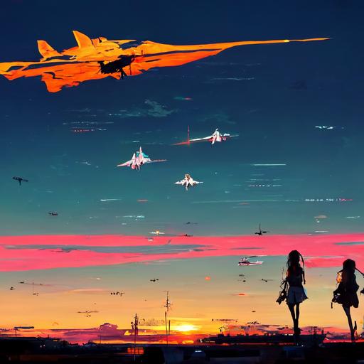 Two anime girls fly fighter jet with a sunset background