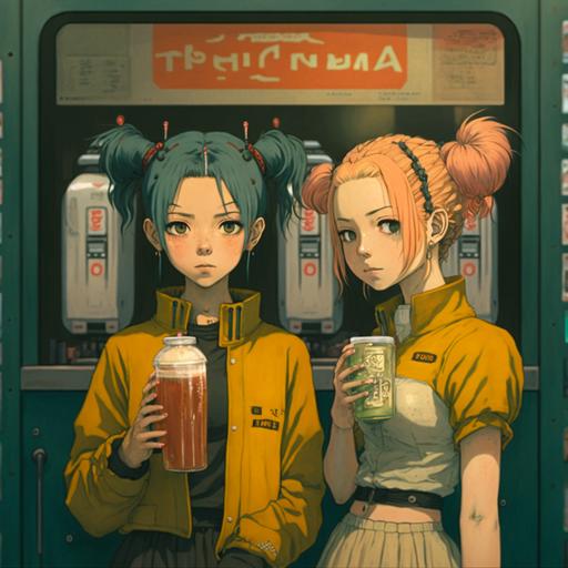 Two anime girls with pigtails and dyed hair stand near the vending machine with drinks in japan it's raining one girl says something to the other against the background of the inscription jourdan's and tabacco shop it's raining evening