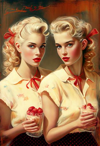 Two attractive identical twins beauty’s cutes Pin ups blonde’s fashion model’s with Victory Rolla rockabilly hairstyle, neckline and big chest, with 🥧 apple pie, beautiful, retro, 1950, vintage, poster style, erotik, chest size 34F, HD, vibrant colors, rich colors, by Luis Royo and Pino Daeni and Karla Ortiz and Borus Vallejo --ar 2:3 --upbeta --q 2 --v 4