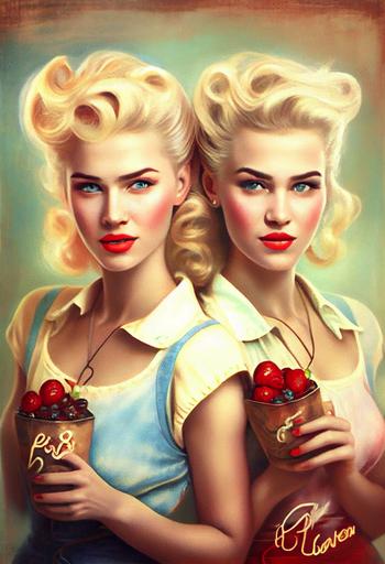 Two attractive identical twins beauty’s cutes Pin ups blonde’s fashion model’s with Victory Rolla rockabilly hairstyle, neckline and big chest, with 🥧 apple pie, beautiful, retro, 1950, vintage, poster style, erotik, chest size 34F, HD, vibrant colors, rich colors, by Luis Royo and Pino Daeni and Karla Ortiz and Borus Vallejo --ar 2:3 --upbeta --q 2 --v 4