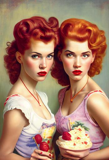 Two attractive twins beauty’s cutes Pin ups redhead’s fashion model’s with Victory Rolla rockabilly hairstyle, neckline and big chest, with 🥧 apple pie, beautiful, retro, 1950, vintage, poster style, erotik, chest 34F, HD, vibrant colors, rich colors, by Luis Royo and Pino Daeni and Karla Ortiz and Borus Vallejo --ar 2:3 --upbeta --q 2 --v 4