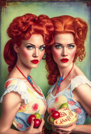 Two attractive twins beauty’s cutes Pin ups redhead’s fashion model’s with Victory Rolla rockabilly hairstyle, neckline and big chest, with 🥧 apple pie, beautiful, retro, 1950, vintage, poster style, erotik, chest 34F, HD, vibrant colors, rich colors, by Luis Royo and Pino Daeni and Karla Ortiz and Borus Vallejo --ar 2:3 --upbeta --q 2 --v 4
