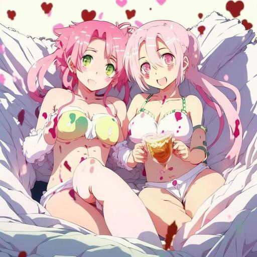 Two beatiful pink haired girls standing in heart shaped bed and showing their thighs,open thighs,wide thighs,massive thighs,fit body,smooth skin,valentines day themed house,bed,large splash of sticky pink liquid on the thighs,large splash of sticky pink liquid on the face,closeview of thighs,back view of thighs,thighs focus,full-length.