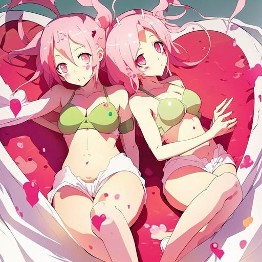 Two beatiful pink haired girls standing in heart shaped bed and showing their thighs,open thighs,wide thighs,massive thighs,fit body,smooth skin,valentines day themed house,bed,large splash of sticky pink liquid on the thighs,large splash of sticky pink liquid on the face,closeview of thighs,back view of thighs,thighs focus,full-length. 4k ultra realistic.