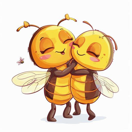Two bees happy to hug each other, comic style, background completely white, vector illustration, cartoon