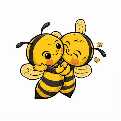 Two bees happy to hug each other in the air, comic style, background is completely white, vector illustration, cartoon