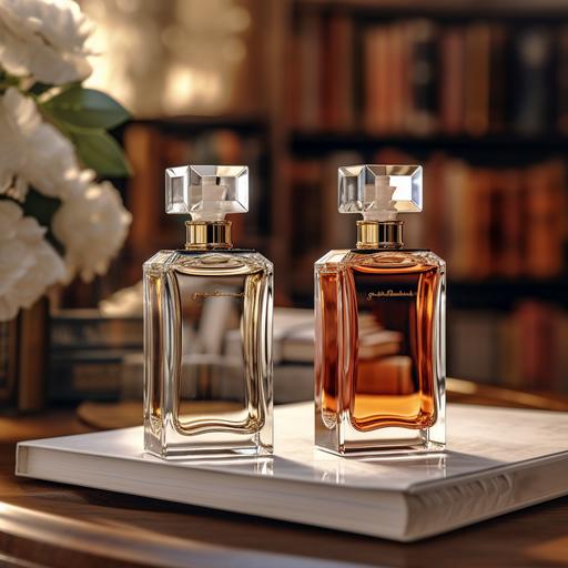 Two bottles of perfumes, blank and transparent, rectangle shape, in the middle of perfume ingredients, on an elegant surface, in the middle of sophisticated library, depth of field, supper resolution, ultra HD, 8k, details 9:16