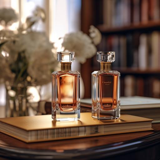 Two bottles of perfumes, blank and transparent, rectangle shape, in the middle of perfume ingredients, on an elegant surface, in the middle of sophisticated library, depth of field, supper resolution, ultra HD, 8k, details 9:16