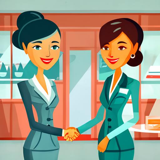 Two business women who are delighted shaking hands, cartoon style, Beautiful, In a luxury beauty salon, big beauty company, with fashion accessories, beauty product, beauty care product