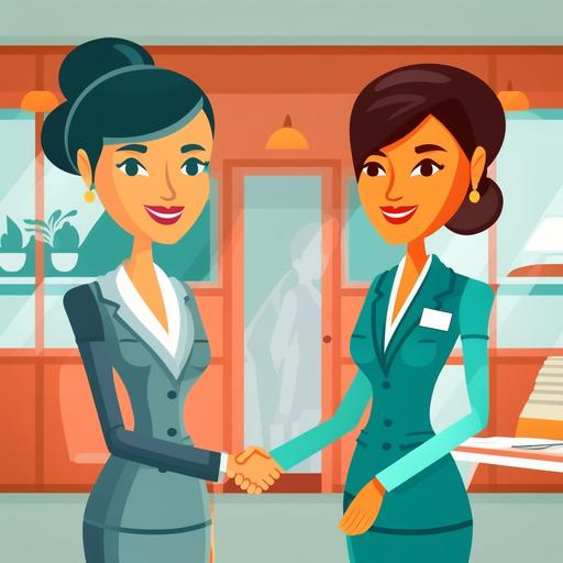 Two business women who are delighted shaking hands, cartoon style, Beautiful, In a luxury beauty salon, big beauty company, with fashion accessories, beauty product, beauty care product