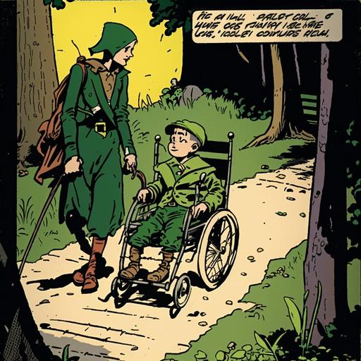 Two characters in 1930s style comics panel: 1930s male child and his mother wearing Robin Hood costumes. The Robin Hood male child is sitting in a 