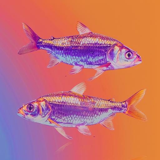 Two fish, astrological sign of fish. With an orange and violet background.