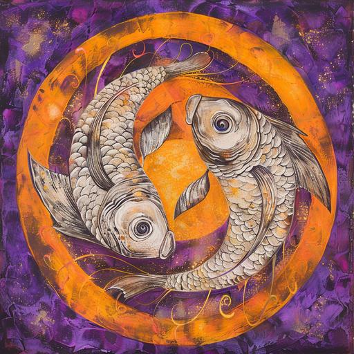 Two fish, astrological sign of fish. With an orange and violet background.