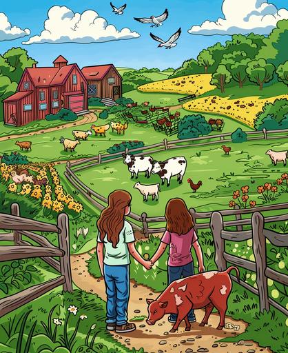 Two girl friends Visiting a lively farm, meeting animals like cows, chickens, and pigs. cartoon style, thick lines, vivid color --ar 9:11