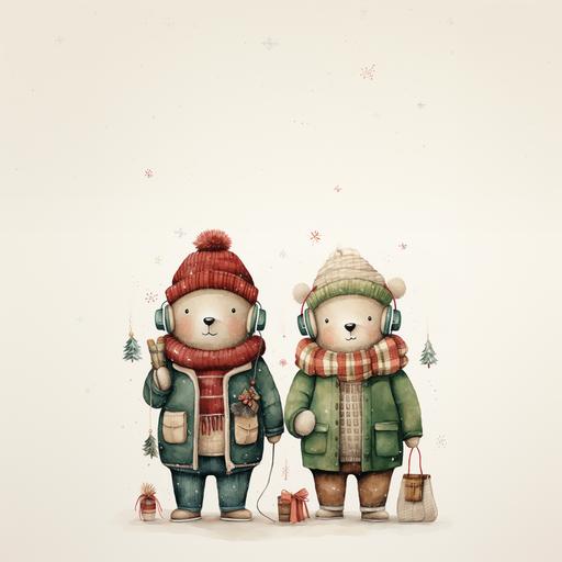 Two illustrated bears dressed in winter clothing in a soft, storybook, style suitable for children. On the left, green coat, large studio headphones, striped scarf, red Santa hat with a snowflake, right, green sweater, large studio headphones and a grey scarf. The background has a paper texture effect, folk art-inspired aesthetic white background --style raw --stylize 250 --v 5.2