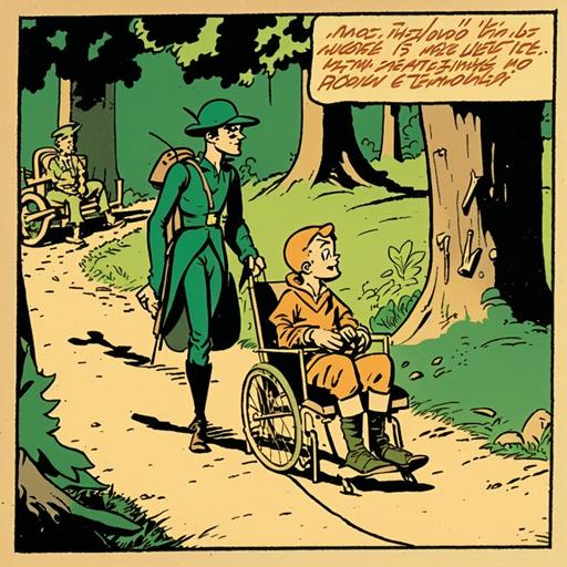 Two joyous characters in 1930s style comics panel: 1930s male child and his mother wearing Robin Hood costumes. The Robin Hood male child is sitting in a 
