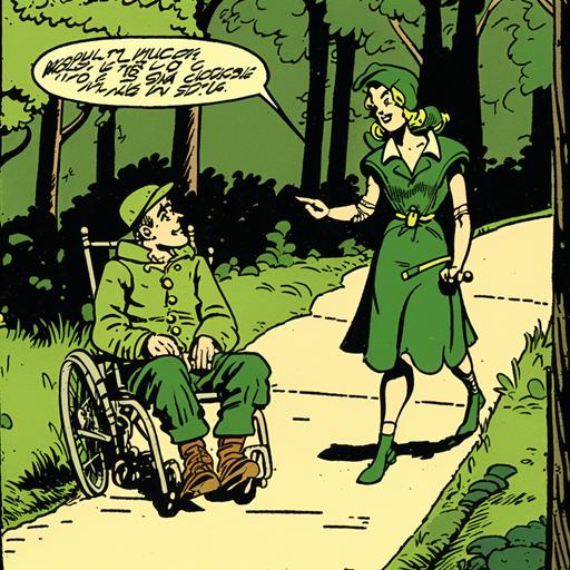 Two joyous characters in 1930s style comics panel: 1930s male child and his mother wearing Robin Hood costumes. The Robin Hood male child is sitting in a 