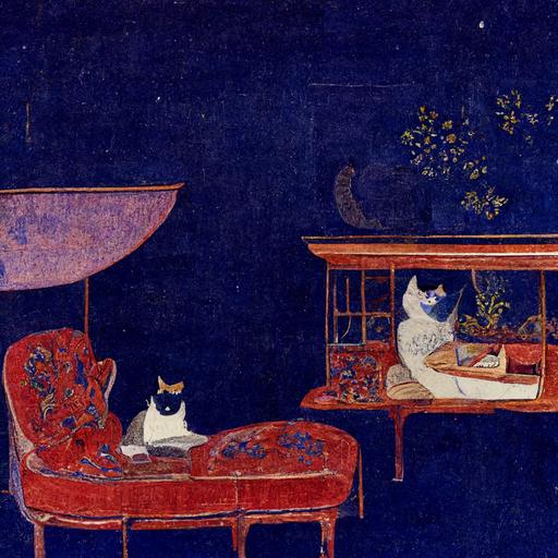 Two loving cats with red short hair, sitting on the top of an antik chaiselongue in dark blue velvet, in the music room of a German Baroque villa, late spring afternoon, great garden in the background, old bookshelf in the corner, 16:9 format, 7.360 x 4.912 , In Style of Katsushika Hokusai 1830–1832, mezawa Manor in Sagami Province (Sōshū Umezawa zai), from the series Thirty-six Views of Mount Fuji Fugaku sanjūrokkei, in neon japanese sheric light, urban landscape, golden cats sitting on a tree in the right side panorama view, Oban 10 1/8 x 15 in, Period: Edo period (1615–1868), Polychrome woodblock print; ink and color on paper, 7.360 x 4.912, DINA1 Format in 234 dpi,