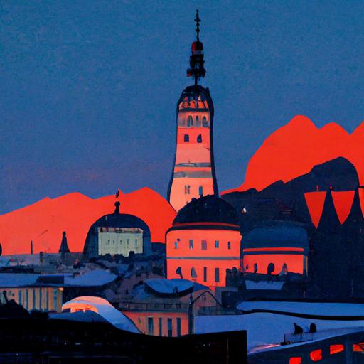 Two loving red short hair cats sitting on the top of the Olympiaberg in Munich Germany in the blue hour and enjoying the View from the Olympia mountain onto the Alps with the skyline of Munich, the Frauenkirche, in 16:9 format, 7.360 x 4.912, In Style of Katsushika Hokusai 1830–1832, Umezawa Manor in Sagami Province (Sōshū Umezawa Zai), from the series Thirty-six Views of Mount Fuji Fugaku sanjūrokkei, in neon Japanese spheric light, urban landscape, golden cats sitting on a tree in the right side panorama view, Oban 10 1/8 x 15 in, Period: Edo period (1615–1868), Polychrome woodblock print; ink and color on paper, 7.360 x 4.912, 234 dpi --uplight