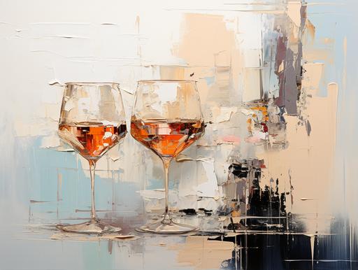 Two martini glasses, abstract oil painting, Holly Irwin style, palette knife, heavy detail and heavy texture --ar 4:3 --s 750
