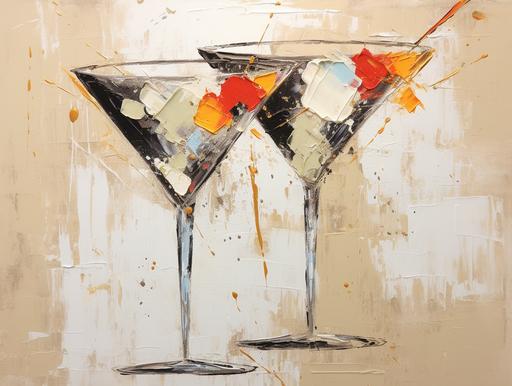 Two martini glasses, abstract oil painting, Holly Irwin style, palette knife, heavy detail and heavy texture --ar 4:3