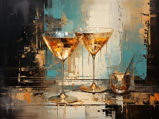 Two martini glasses, abstract oil painting, Holly Irwin style, palette knife, heavy detail and heavy texture --ar 4:3 --s 750