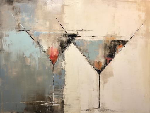 Two martini glasses, abstract oil painting, Holly Irwin style, palette knife, heavy detail and heavy texture --ar 4:3