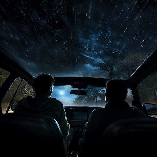 Two men in a car at night time, looking up and out the windshield