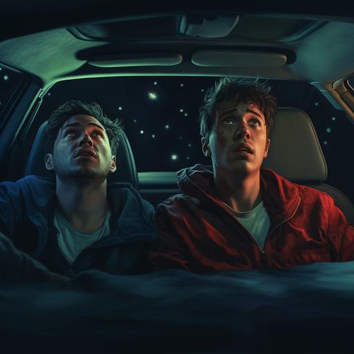 Two men in a car at night time, looking up and out the windshield