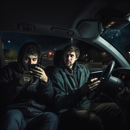 Two men in a car at night time, taking a photo with cellphone out the windshield