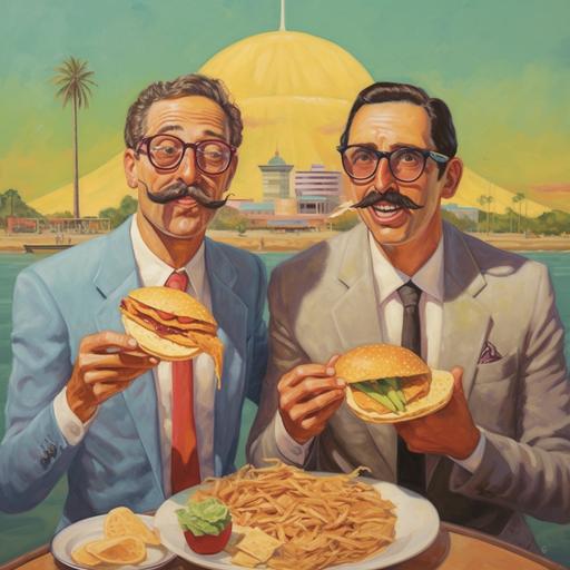 Two men. One a very short stocky man, dark hair with a Mexican moustache eating a taco. The other man in a suit taller with tiny squinty eyes and glasses a cheesy forced smile with tiny stained teeth, he has no moustache. The backdrop the Gold Coast Australia.